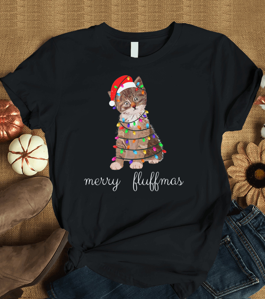 Merry Fluffmas Cute Cat Wrapped in Christmas Lights with Santa Hat T-Shirt