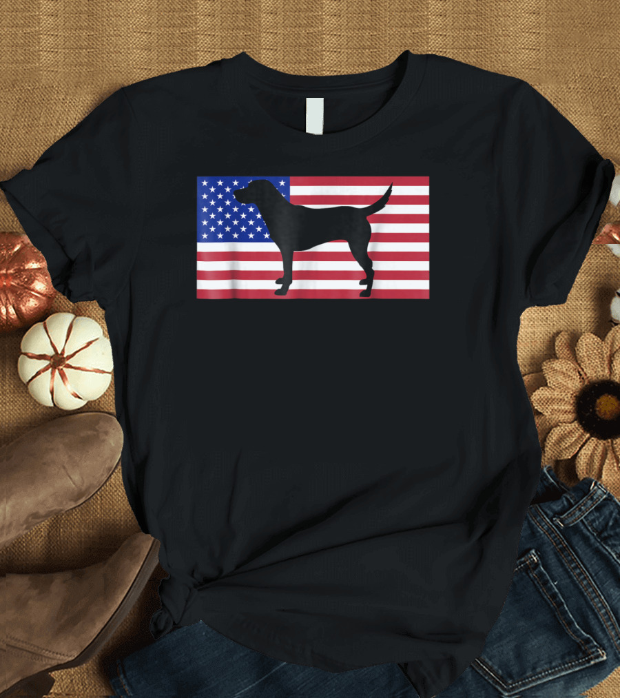 Labrador Retriever Silhouette on American Flag Background Patriotic 4th of July USA T-Shirt