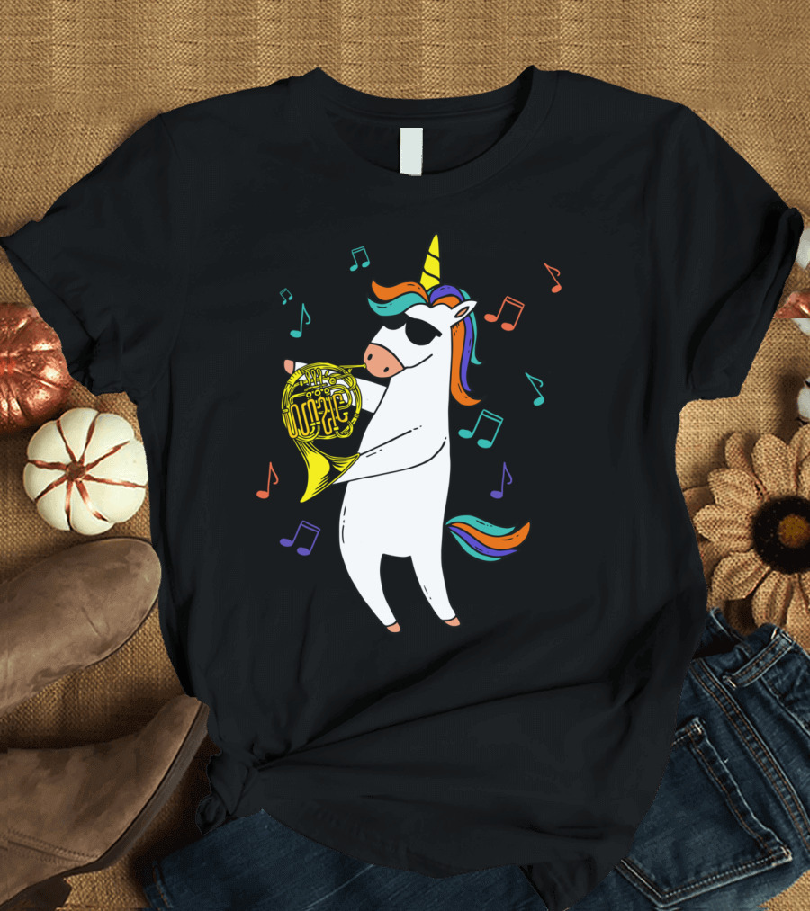 Funny Unicorn Wearing Sunglasses Playing French Horn with Colorful Music Notes T-Shirt
