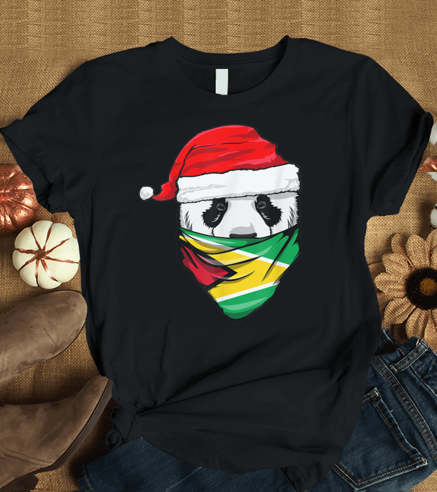 Panda with Santa Hat and Guyana Flag Bandana T-Shirt