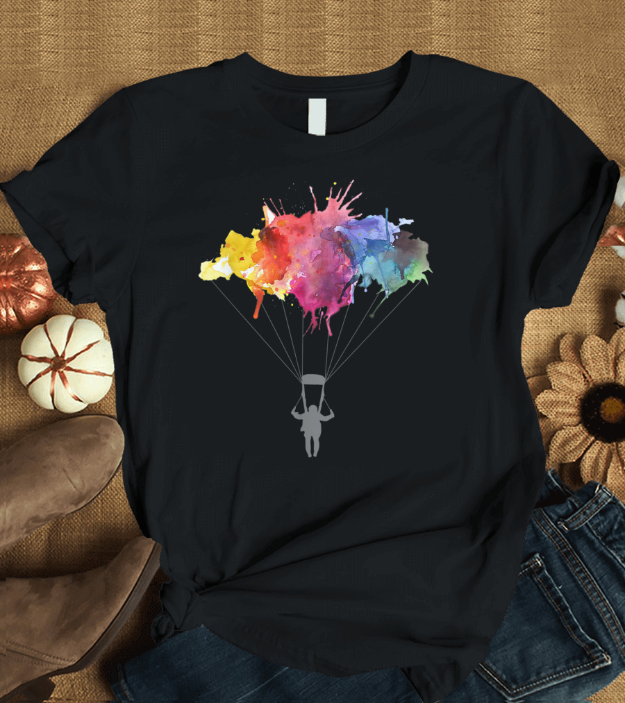 Skydiving Parachuting Skydive Colorful Watercolor Splash Skyscape T-Shirt