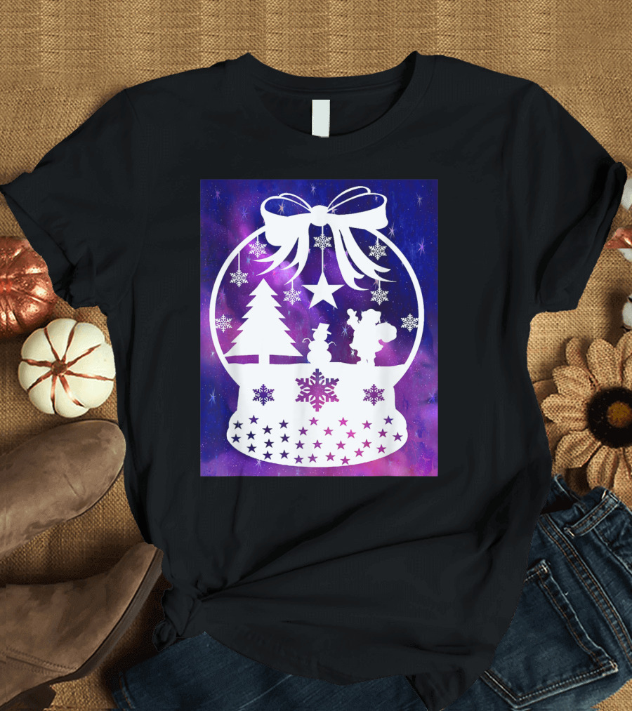 Snow Globe Christmas Scene with Tree and Snowman on Galaxy Background T-Shirt
