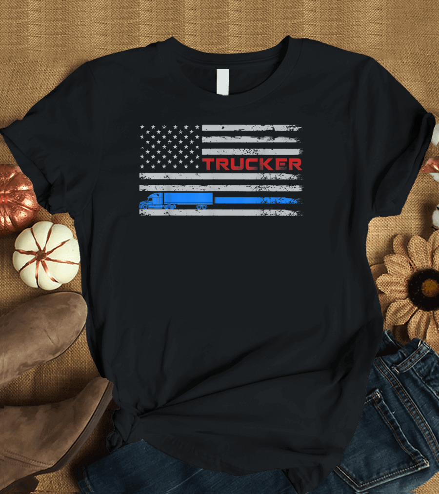 American Flag Trucker Blue Semi Truck T-Shirt