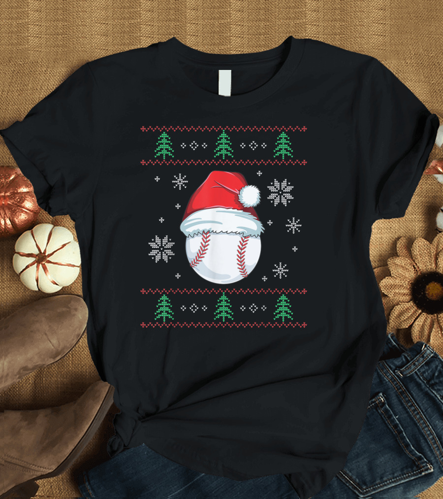 Ugly Christmas Baseball Ball with Santa Hat and Festive Holiday Trees and Snowflakes T-Shirt