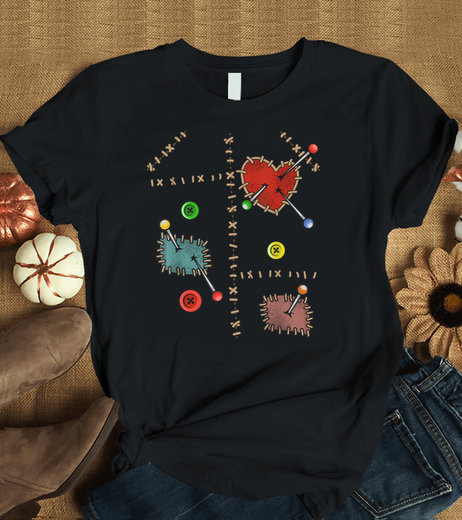 Voodoo Doll Halloween Costume Creepy Heart Patch Pins Button Stitches T-Shirt