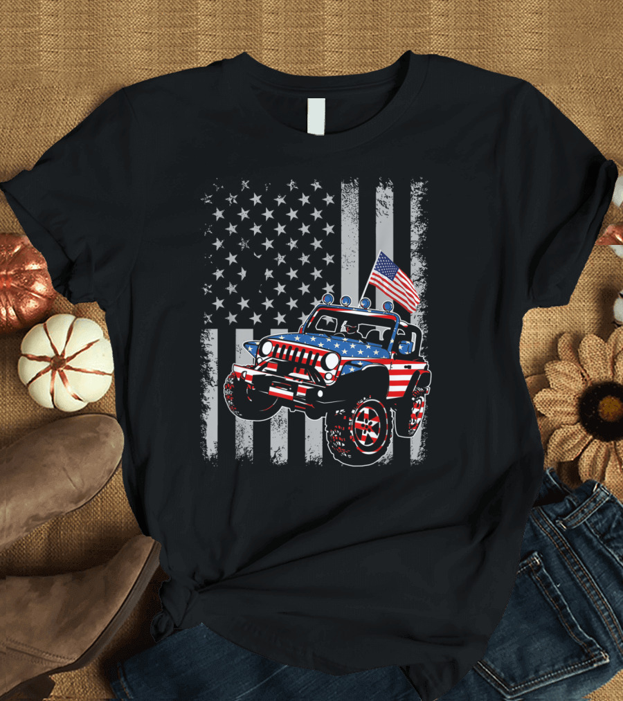 American Flag Jeep 4th of July Patriotic Jeep Drivers T-Shirt