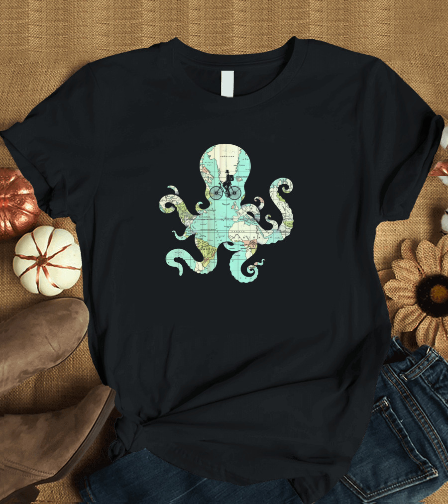 All Around The World Map Octopus Bicycle Ocean Adventure 1740365 T-Shirt