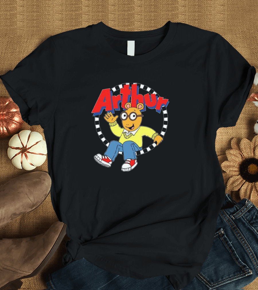 Arthur Retro Kids TV Character in Classic Outfit with Checkerboard Circle T-Shirt