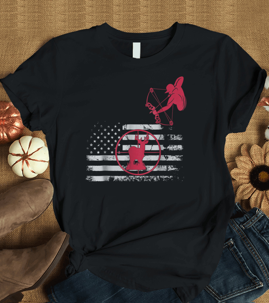 Bow Hunting American Flag Women Hunters Deer Archery T-Shirt