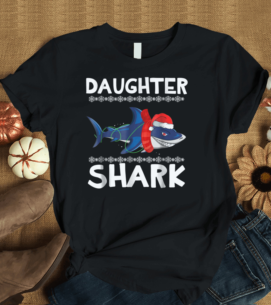 Daughter Shark Christmas Santa Hat Scarf Ugly Sweater Family T-Shirt