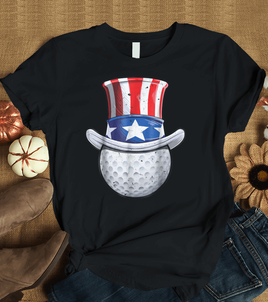 Golf Uncle Sam 4th of July Kids Boys American Flag Hat Golf Ball T-Shirt