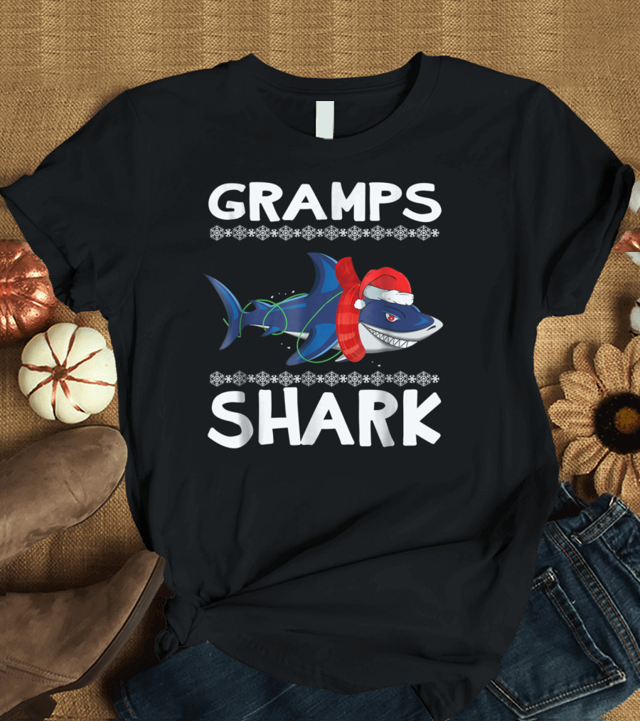 Gramps Shark Ugly Christmas Family Santa Hat and Scarf Snowflakes T-Shirt