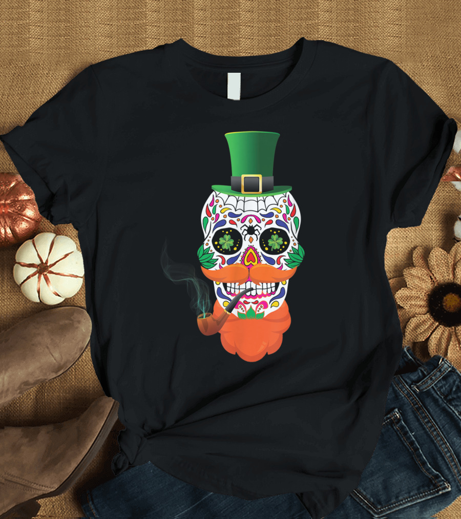Irish Sugar Skull Leprechaun St Patricks Day Clover Pipe Hat Colorful T-Shirt