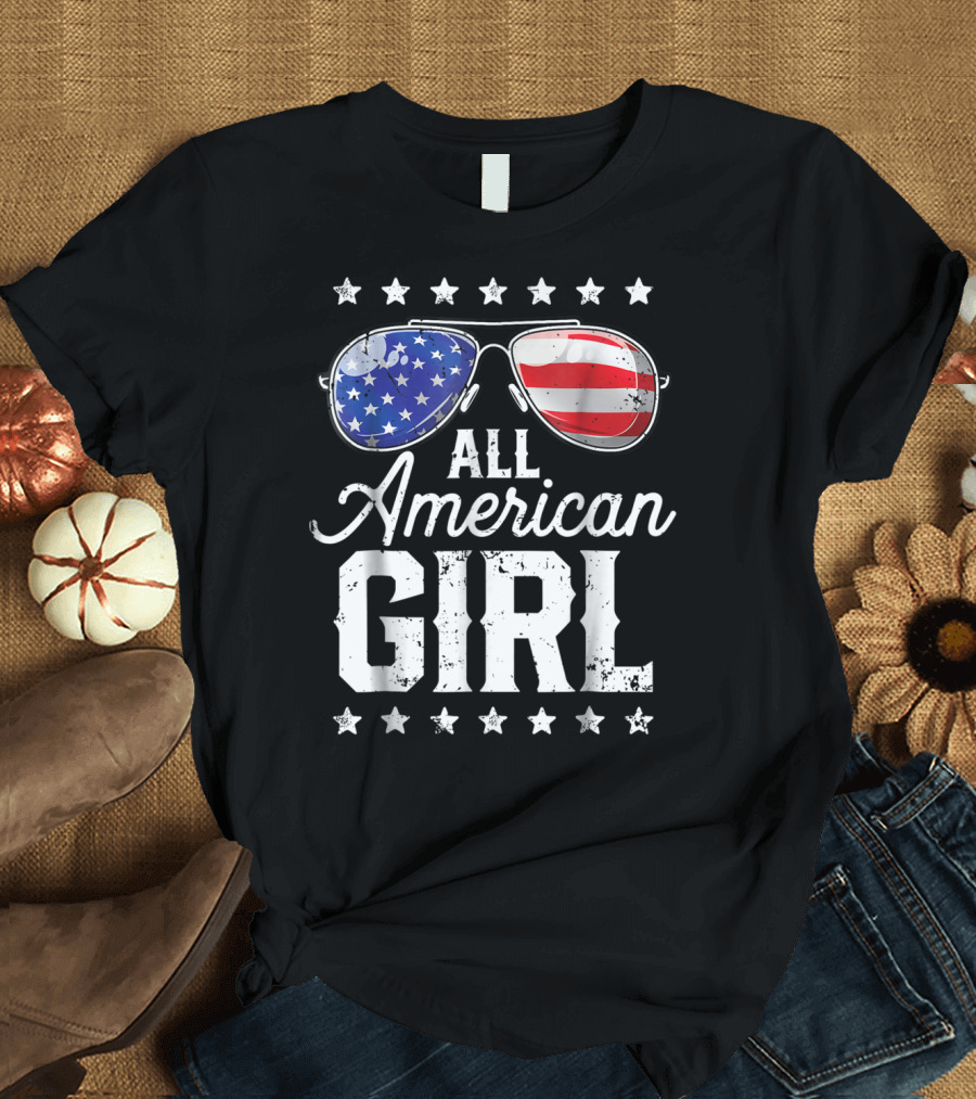 All American Girl 4th of July USA Flag Sunglasses Stars T-Shirt
