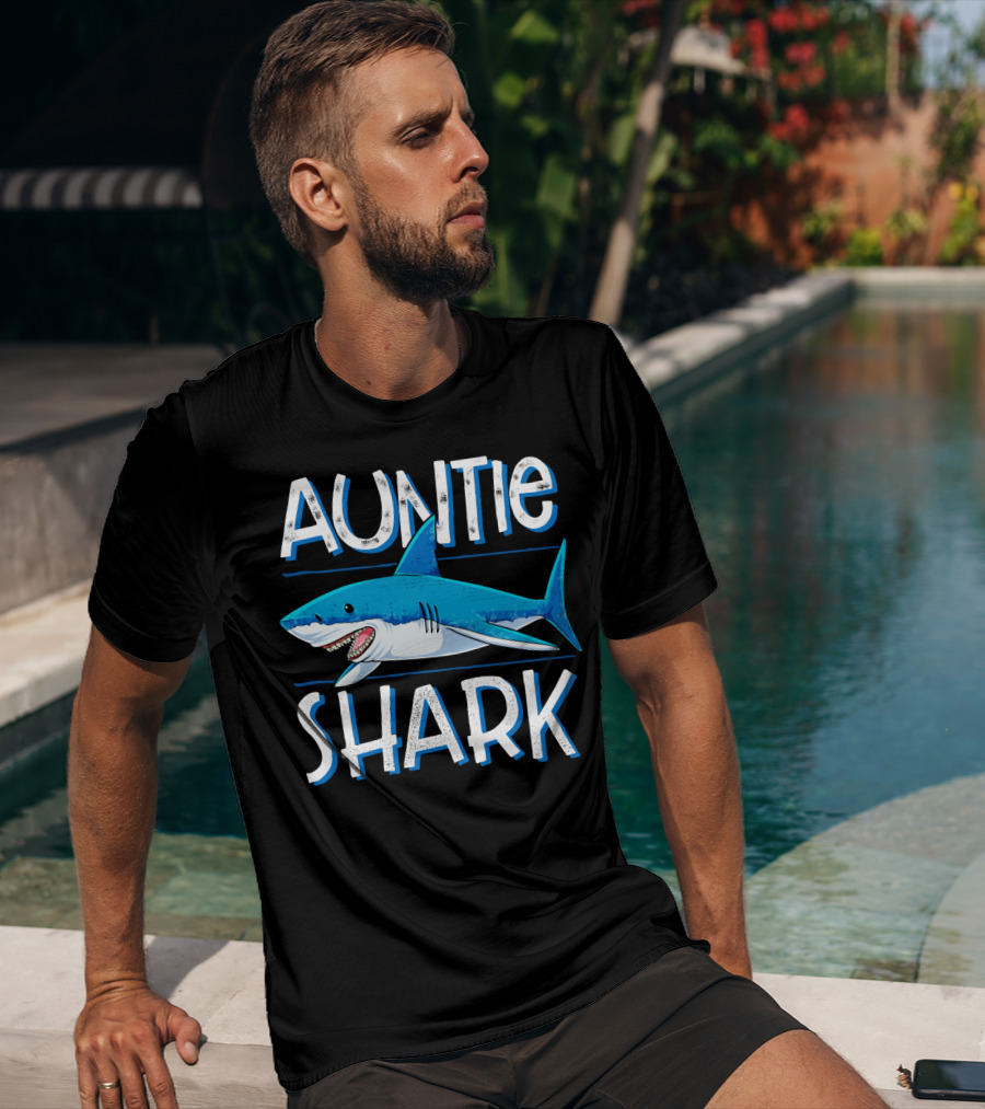 Auntie Shark Family Matching Aunt Women Jawsome Blue Shark Cartoon T-Shirt