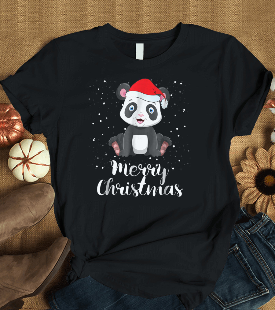 Merry Christmas Panda Bear Santa Hat Family Matching T-Shirt