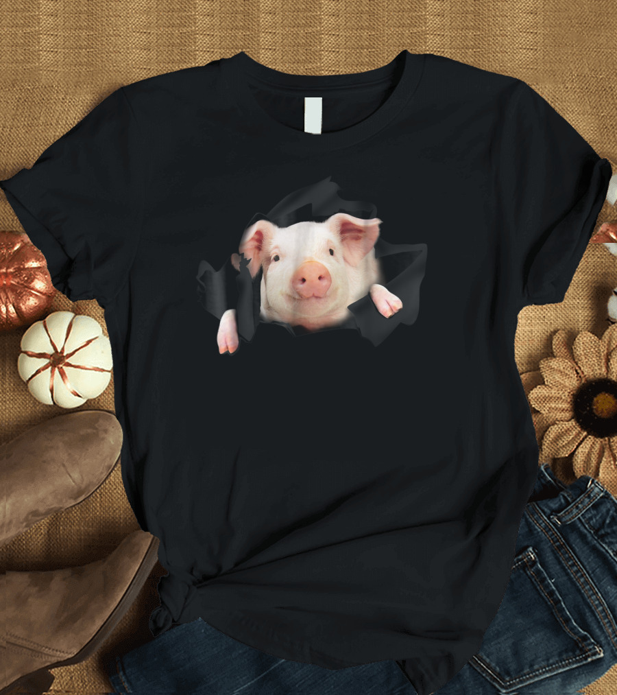Pig Clawing Through Hole in Background Pig Farmer T-Shirt