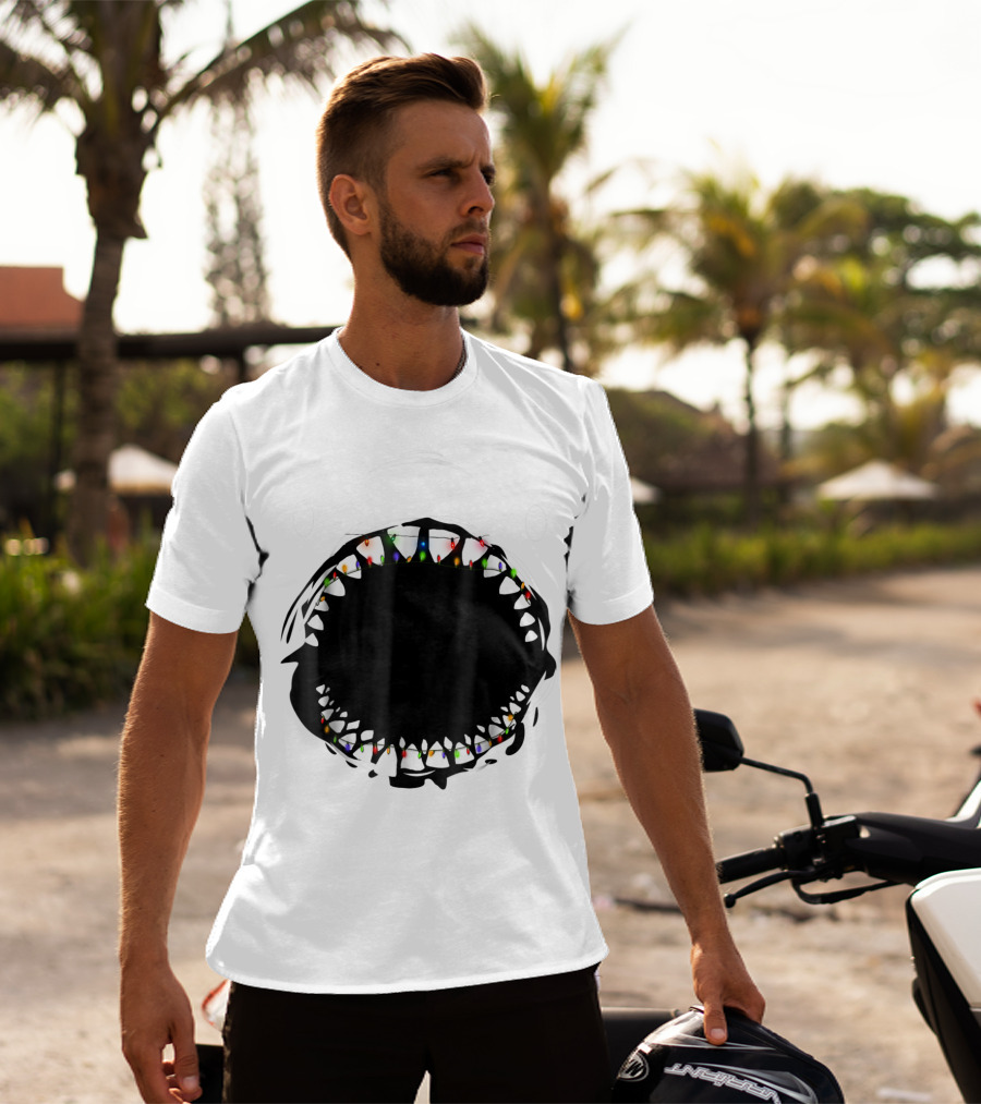 Shark Face With Christmas Lights Xmas Shark T-Shirt