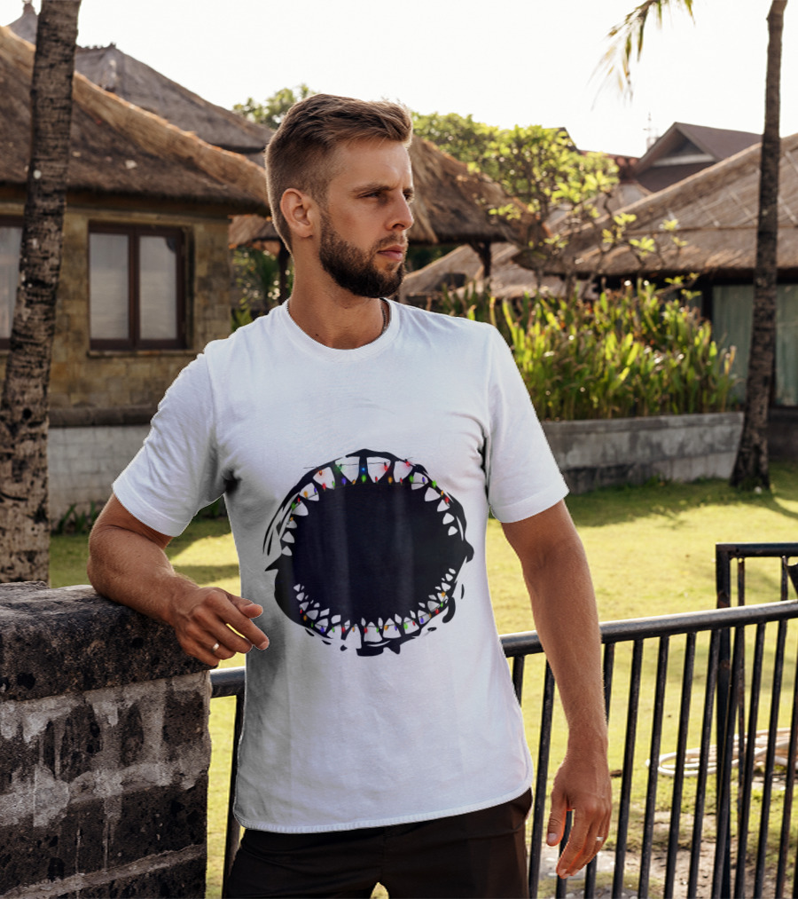 Shark Face With Christmas Lights Xmas Shark T-Shirt