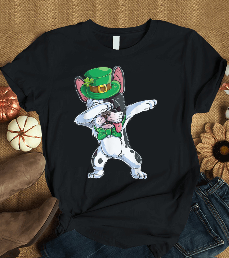 Dabbing French Bulldog St Patricks Day Leprechaun Hat Bow Tie T-Shirt