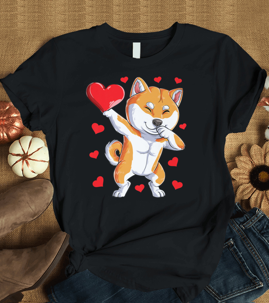 Dabbing Shiba Inu Holding Heart Valentines Day Dog Lover Boys T-Shirt