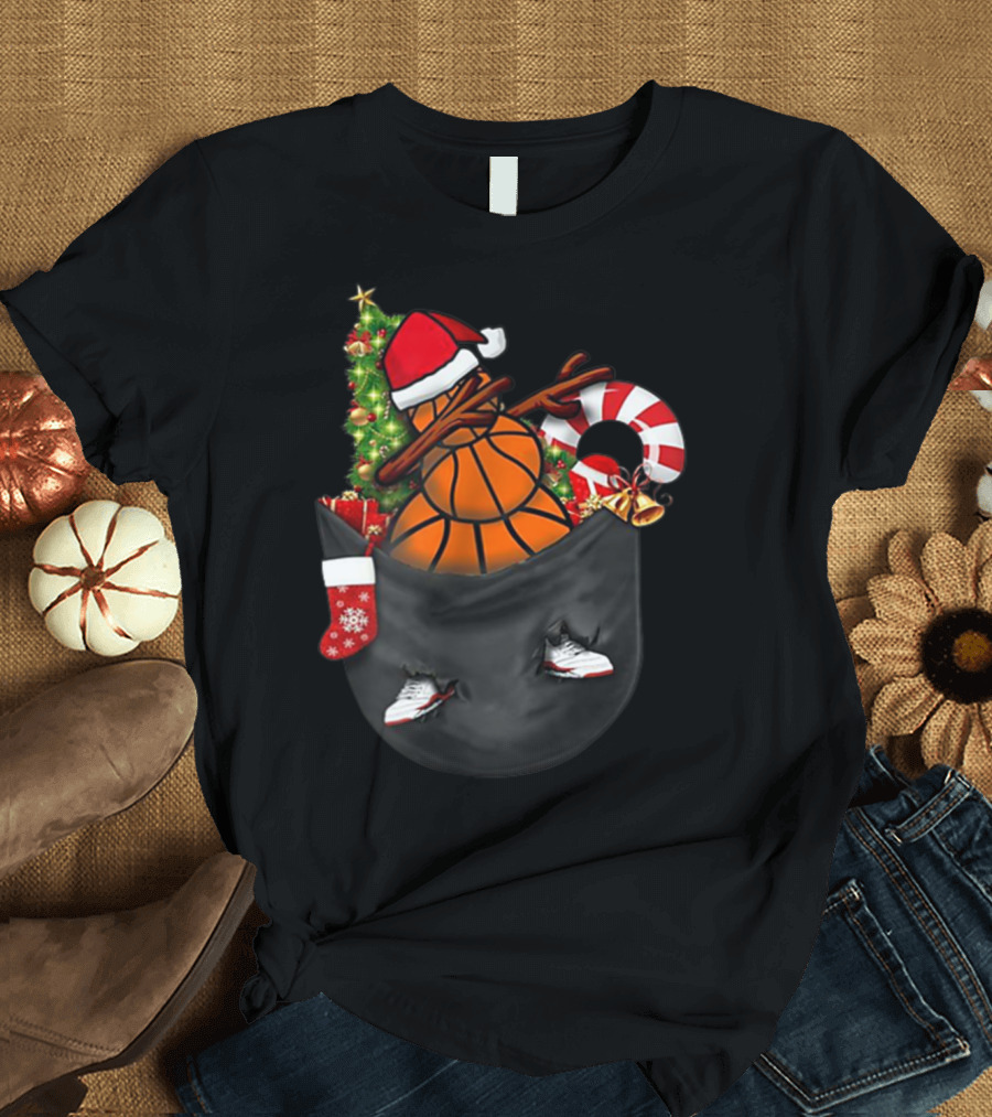 Dabbing Snowman Basketball Santa Hat Christmas Pocket T-Shirt