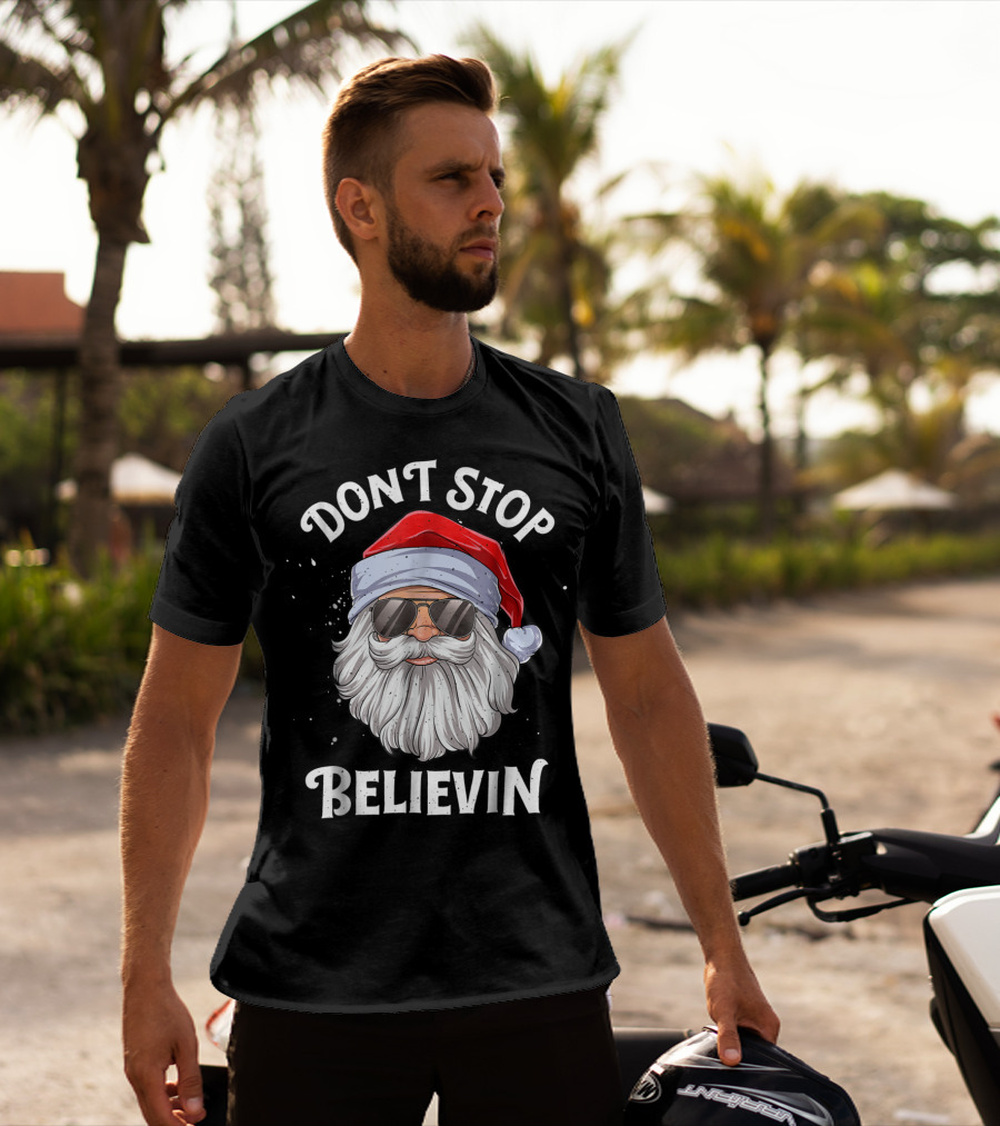 Dont Stop Believin Santa Christmas Boys Sunglasses Holiday T-Shirt