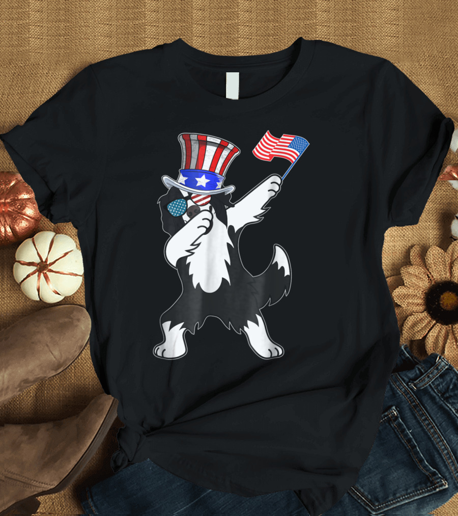 Border Collie Dabbing Dog Dad Patriotic 4th of July T-Shirt