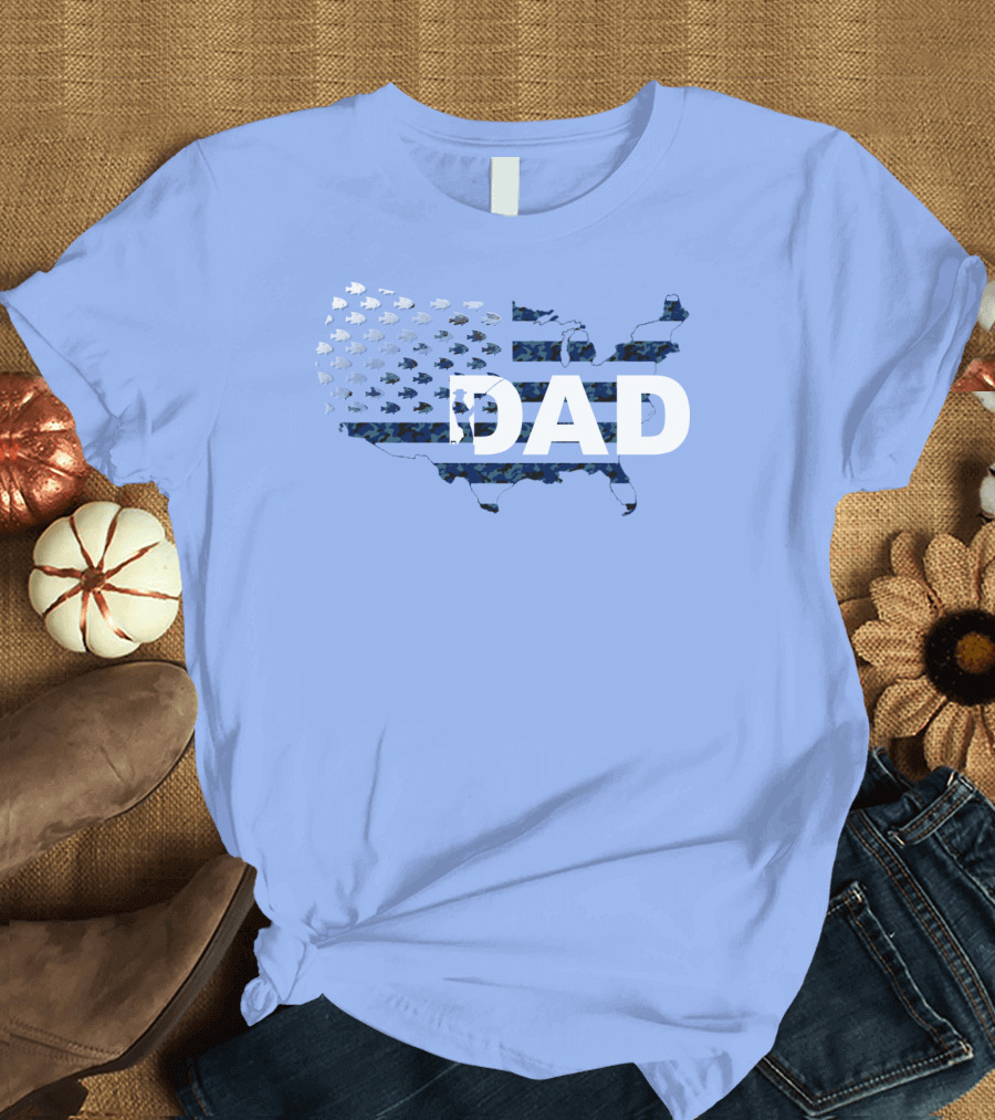 Dad Camouflage Flag Map USA Fish T-Shirt