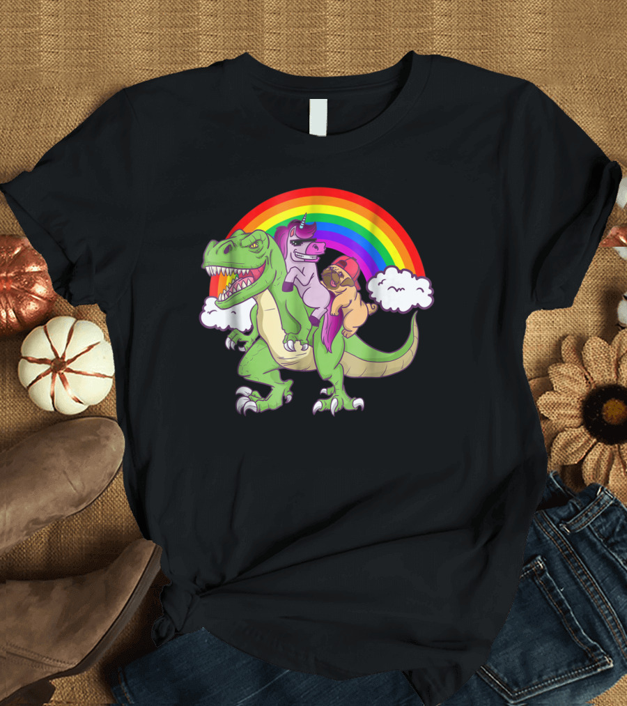 Dinosaur Unicorn Pug Dog Lovers Rainbow Adventure T-Shirt