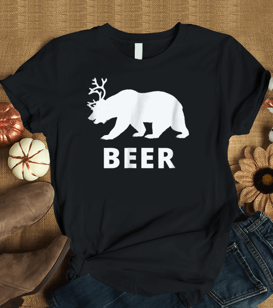 Beer Bear Antler Silhouette Funny Dad Hunter T-Shirt