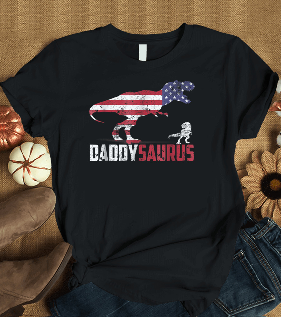 American Flag Dinosaur Dad Dadsaurus 4th of July Daddy Daddysaurus T-Shirt