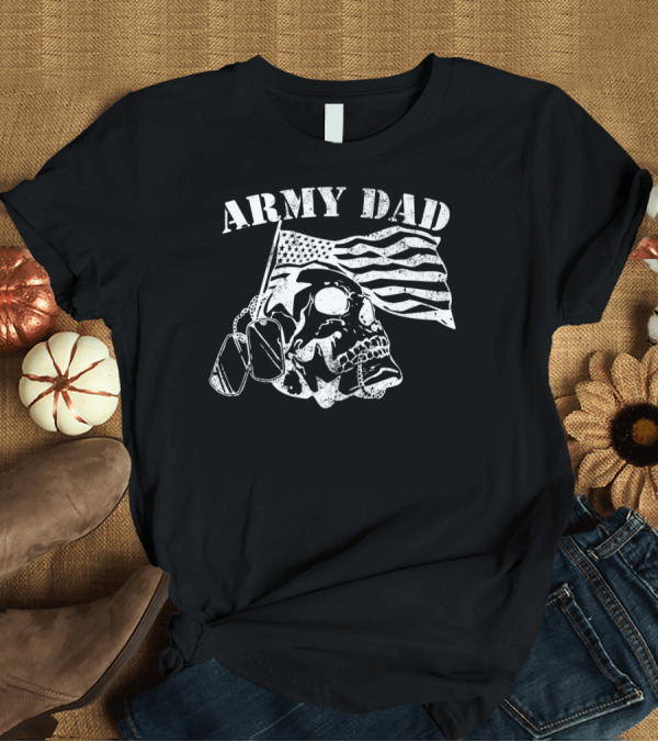 T-Shirt: Army Dad Skull with American Flag and Dog Tags Veterans Pride T-Shirt Army Dad Skull with American Flag and Dog Tags Veterans Pride T-Shirt