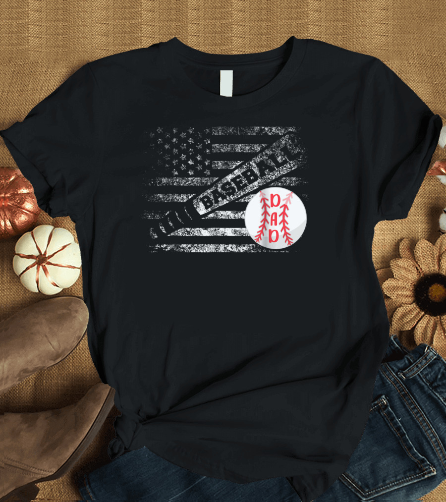 Baseball Dad American Flag with Bat and Ball T-Shirt