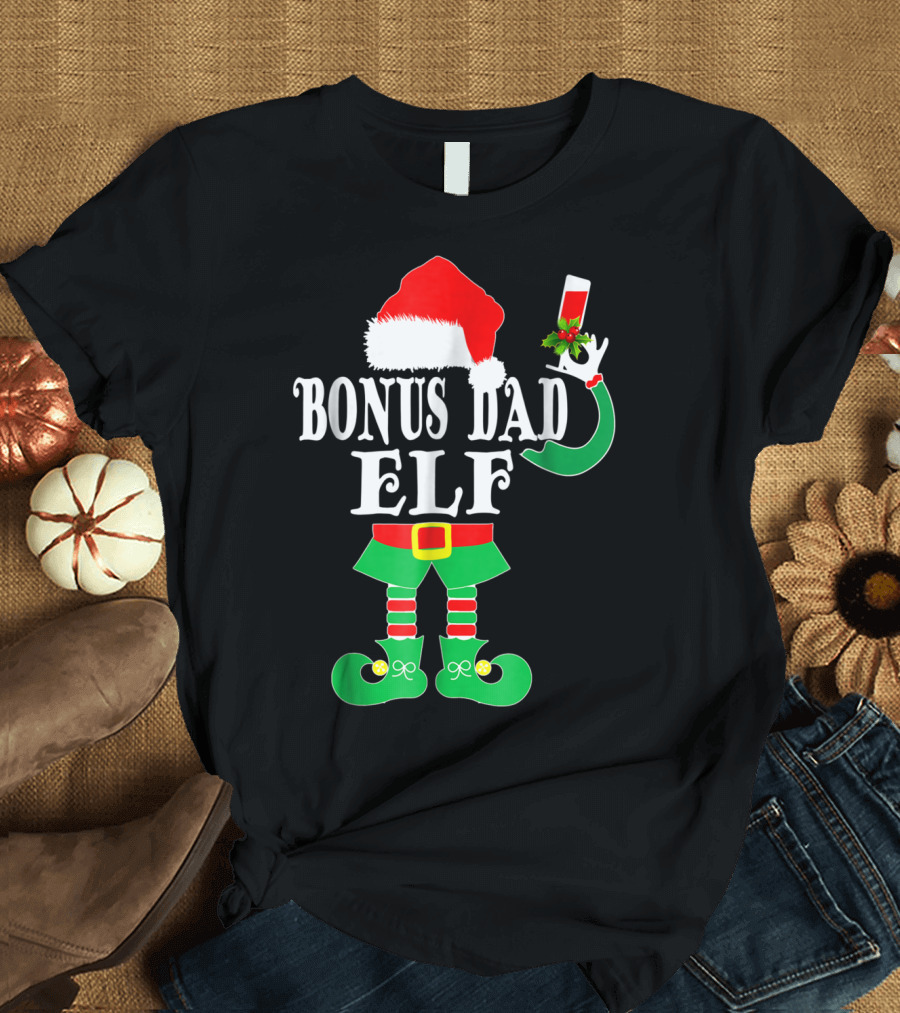BONUS DAD ELF Christmas Santa Hat with Festive Drink and Elf Costume T-Shirt