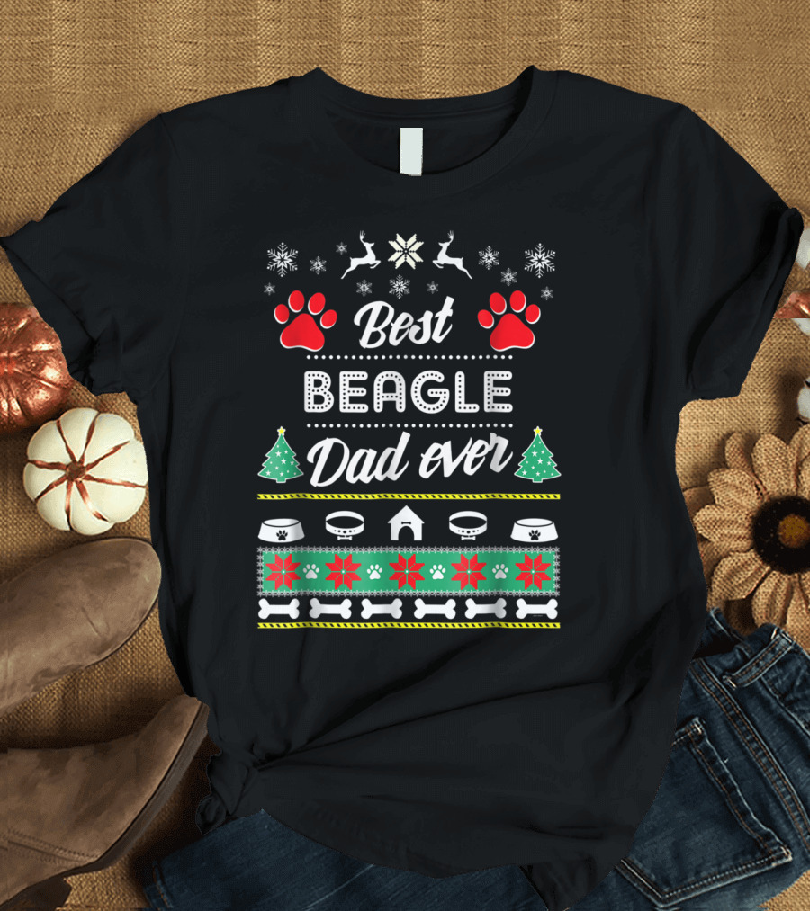 Best Beagle Dad Ever Christmas Paw Prints Dog House Reindeer Snowflakes Bones T-Shirt