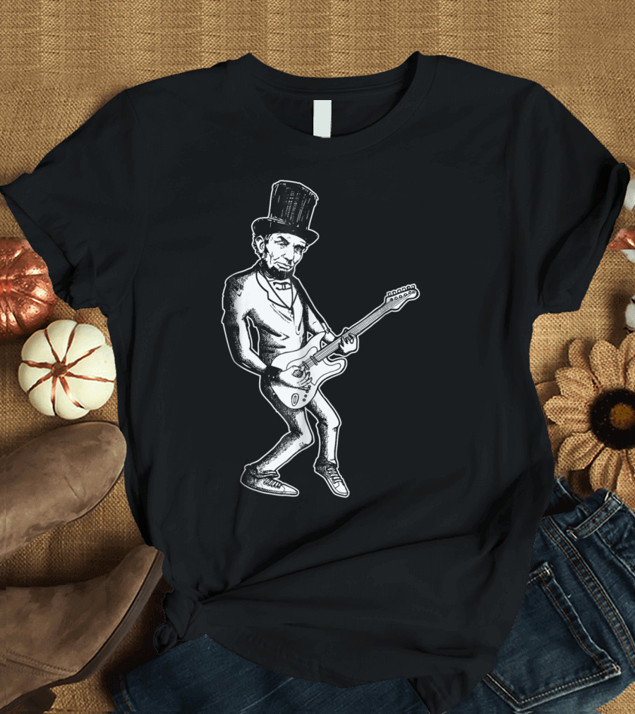 Abraham Lincoln Guitar Dad Rock Star with Top Hat and Electric Guitar T-Shirt
