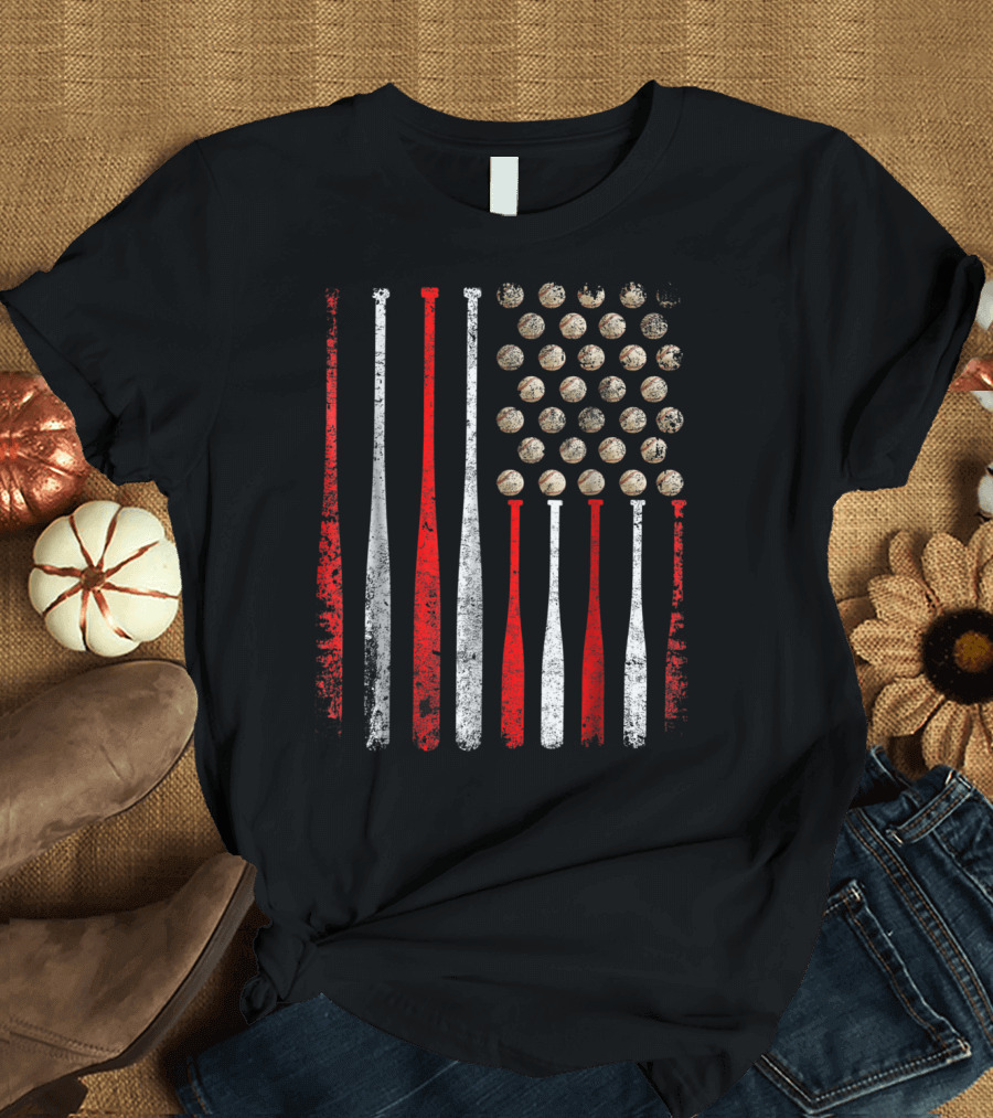 Vintage American Flag Baseball Bats and Balls T-Shirt