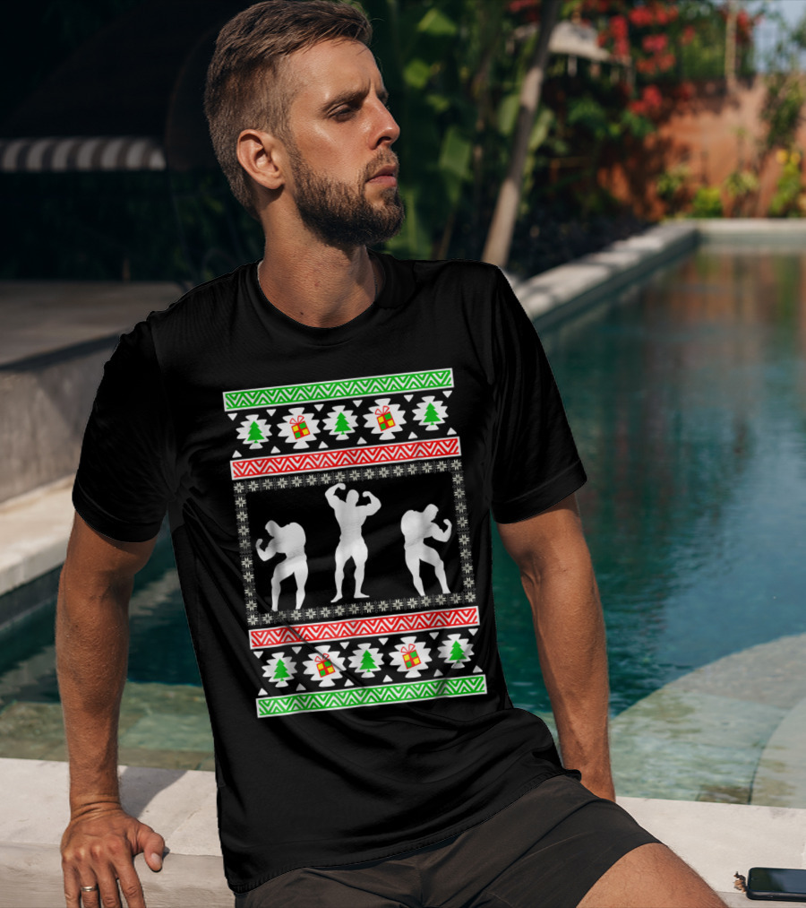 Bodybuilding Christmas Silhouette Trees And Gifts T-Shirt