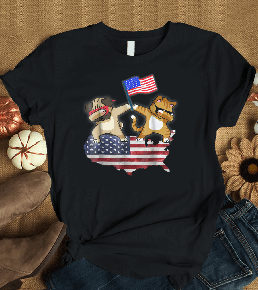 Dad Joke Loading Patriotic Pug and Cat Dabbing with American Flag USA Map T-Shirt