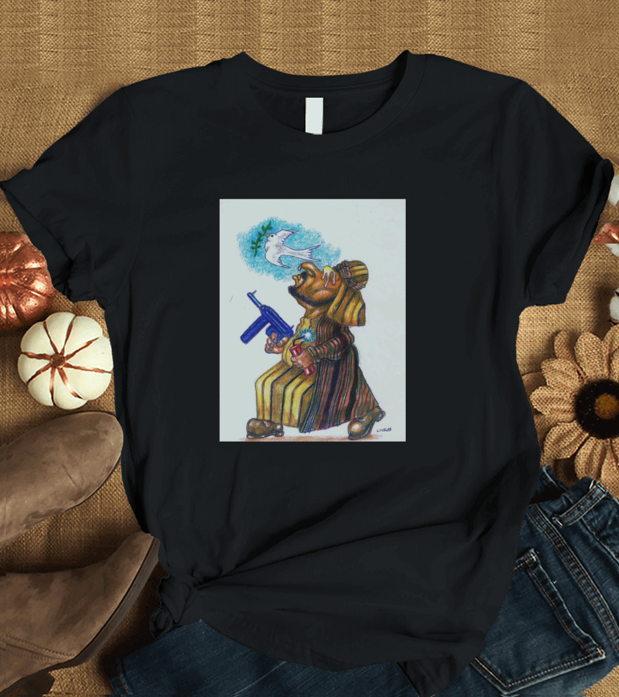 A Terrorist Act Cartoon Character Holding Gun and Dove Balloon T-Shirt