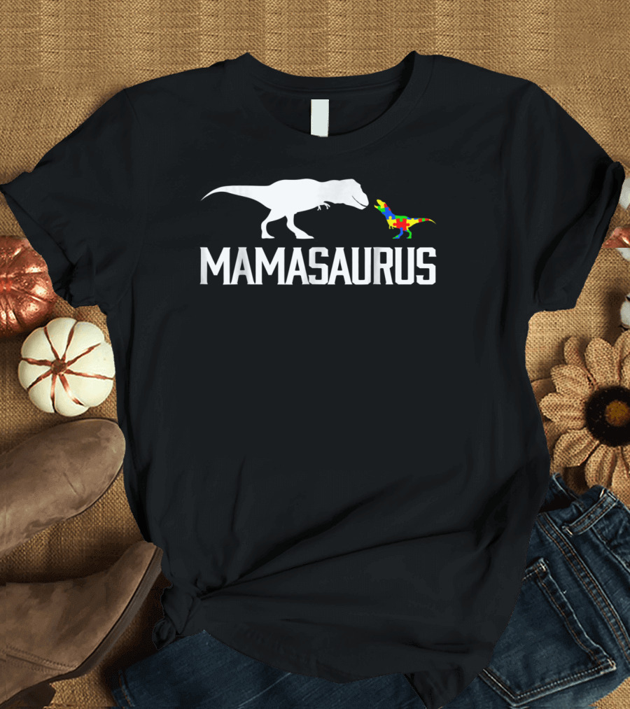 Mamasaurus Autism Awareness Dinosaur Puzzle Pattern Mom T-Shirt