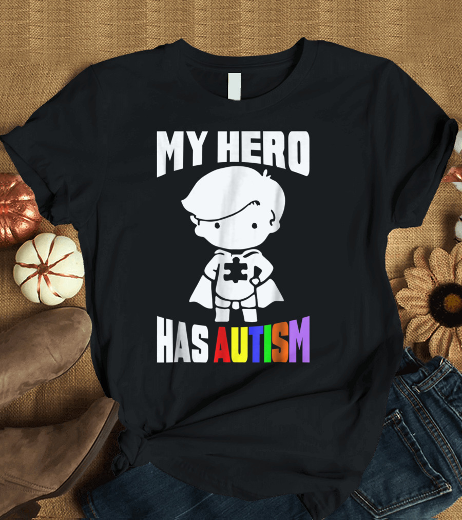 My Hero Has Autism Mom From Son56 Puzzle Cape Hero T-Shirt