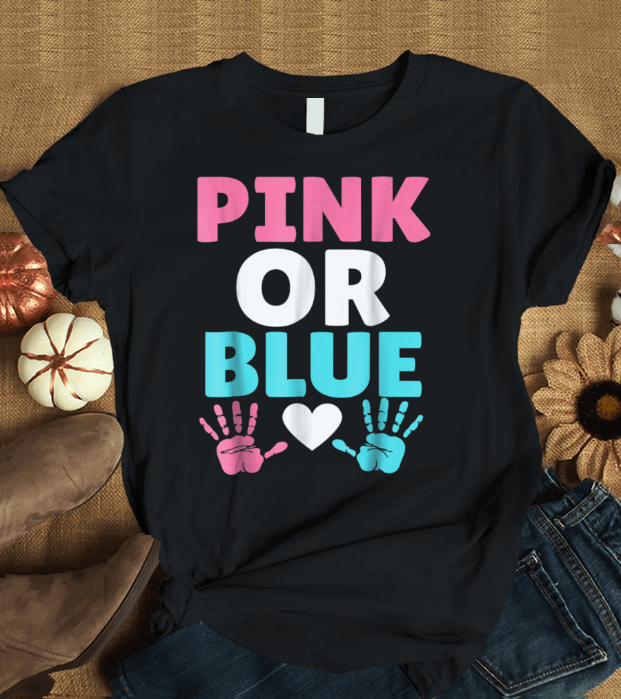 Pink or Blue Cute Baby Gender Reveal Mom and Dad Handprint Heart T-Shirt