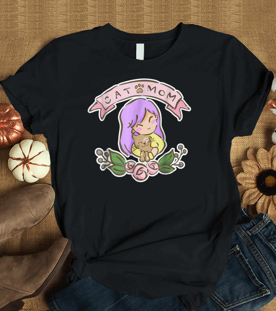 Cat Mom Cute Drawing with Purple Hair and Cat Hug T-Shirt