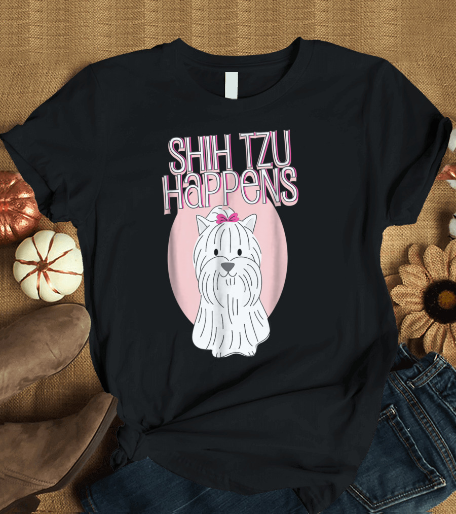 SHIH TZU HAPPENS DOG PINK BOW OVAL BACKGROUND T-Shirt