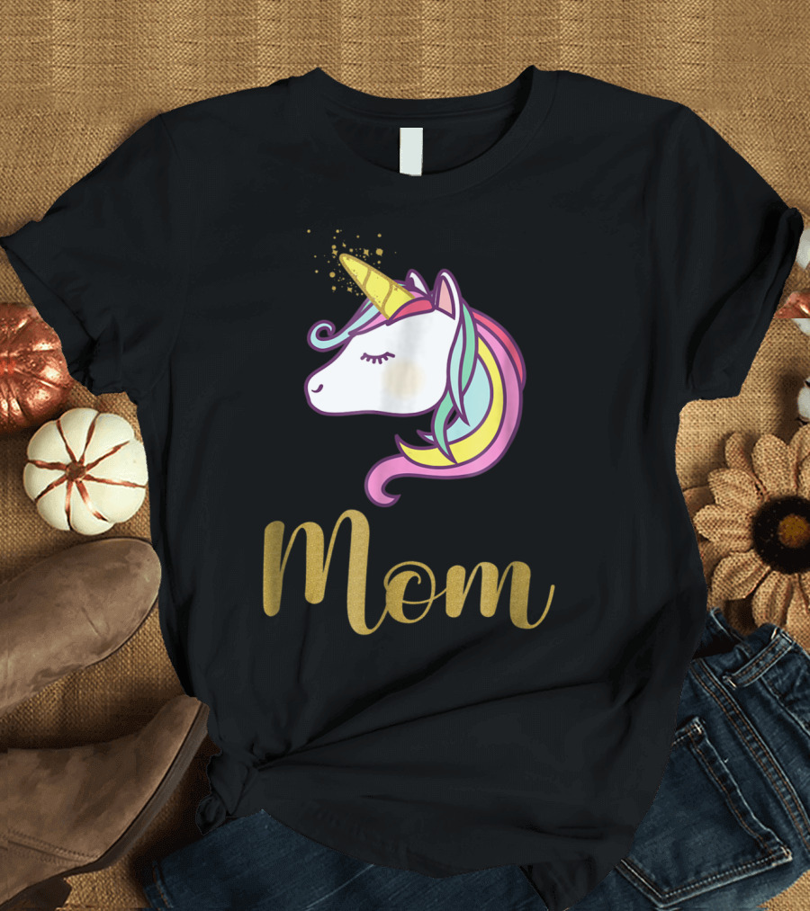 Unicorn Mom of the Birthday Girl Rainbow Mane Gold Horn T-Shirt