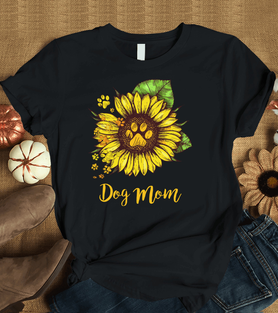 Dog Mom Sunflower with Dog Paw Prints T-Shirt