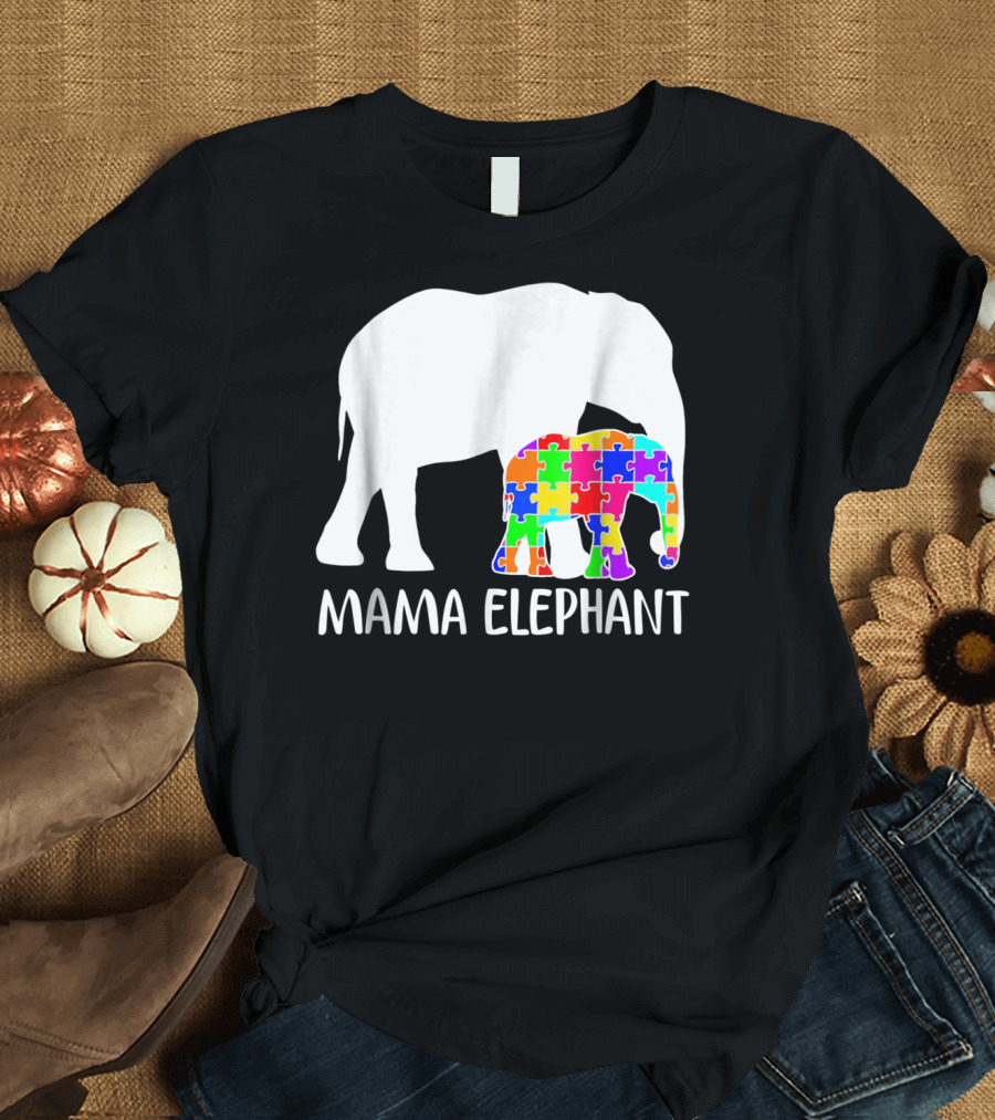 Mama Elephant Autism Awareness Puzzle Elephant Mother T-Shirt