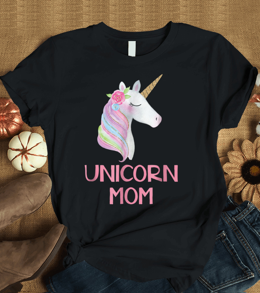 Unicorn Mom Watercolor Pink Flowers and Gold Horn Rainbow Mane T-Shirt